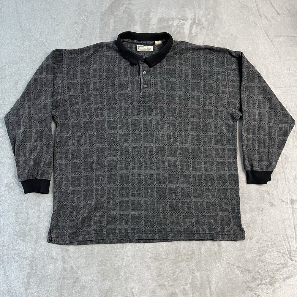 Vintage 90s Natural Issue Mens XL Long Sleeve Polo Shirt Gray Geometric Pattern